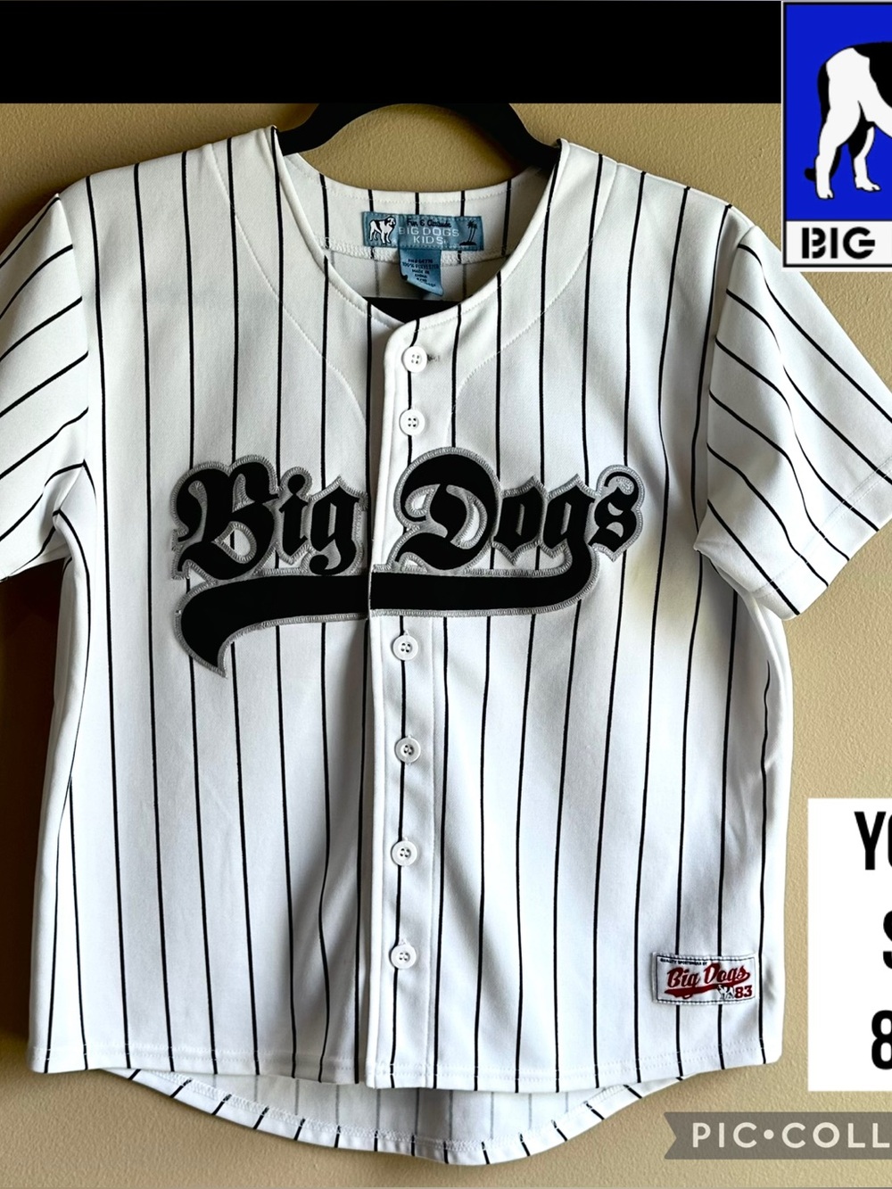 VTG Big Dogs Youth Jersey Y2K Baseball Black White Pinstripe Button Up Size 8/10